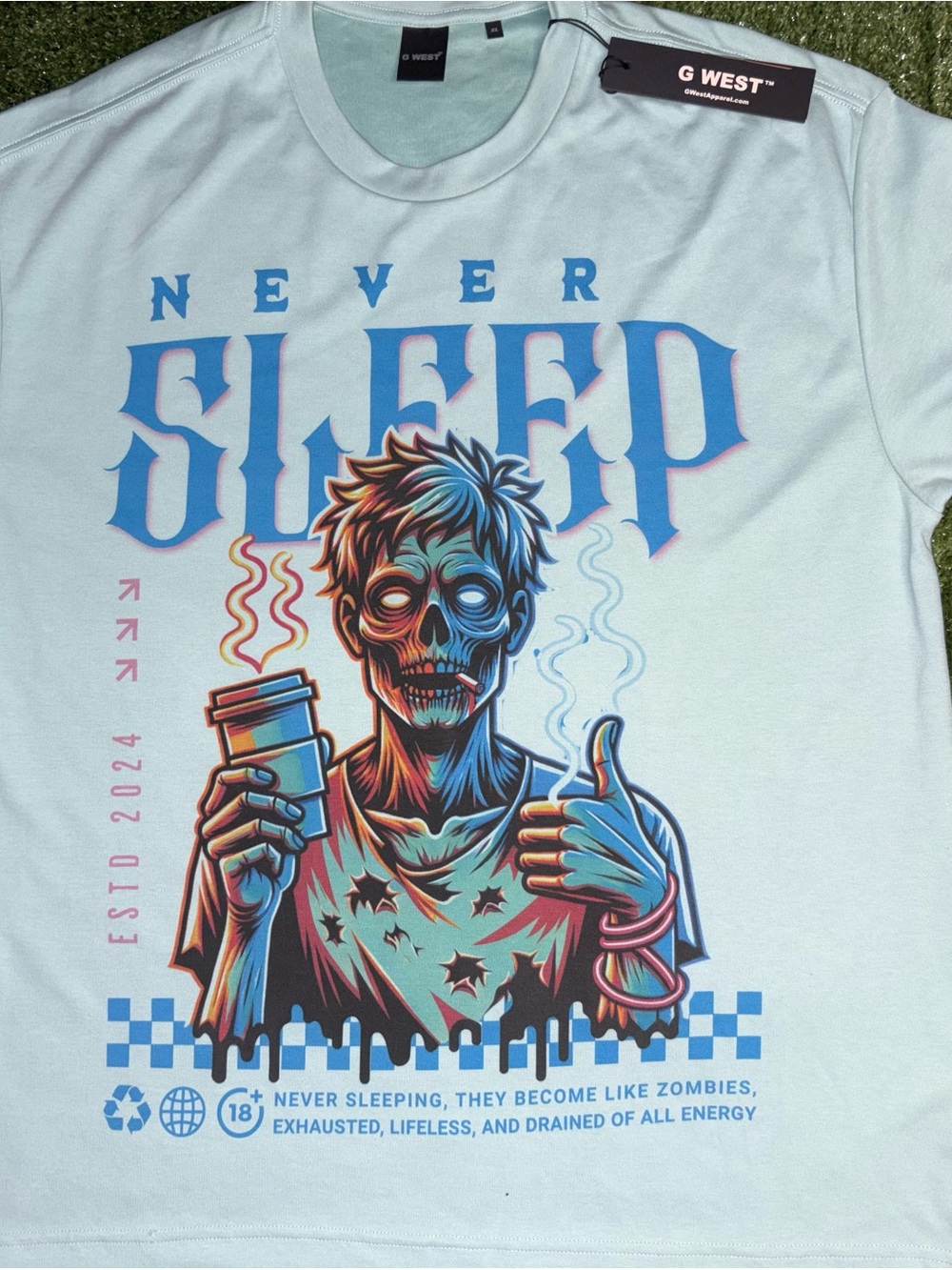 G West Men’s Light Blue "Never Sleep" Graphic Tee - Zombie Print